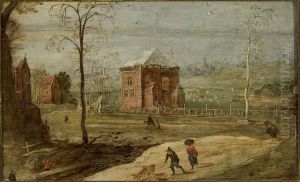 Winter landscape in the countryside with a building by Joos de Momper the Younger