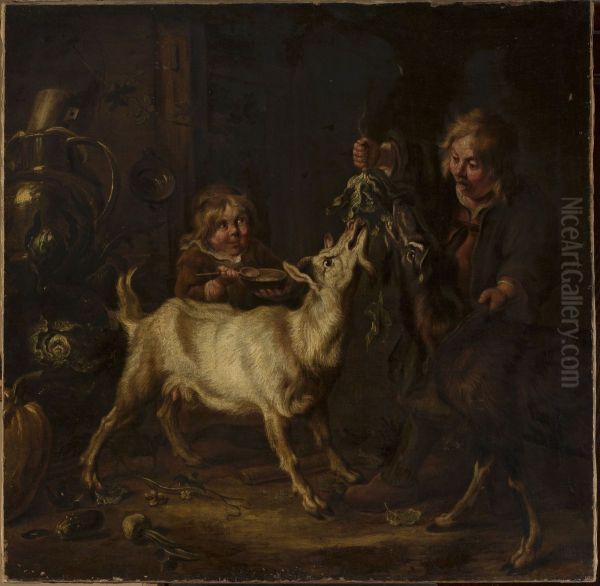 Children feeding goats - view 1