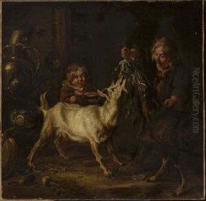 Children feeding goats by Johann Heinrich Roos