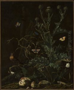 Thistles, butterflies and a lizard by Abraham Begeyn