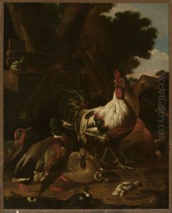 Rooster and ducks by Melchior D'Hondecoeter