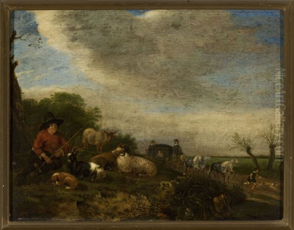 Shepherd with goats and sheep and a carriage on the right - view 1