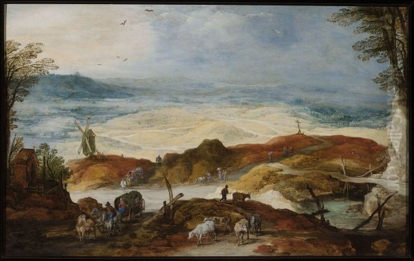 Sandy landscape with travellers and cattle - view 1