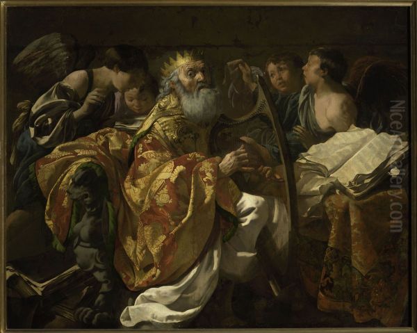 King David playing the harp among angels - view 1
