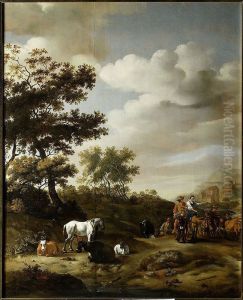 Landscape with people and cattle by Abraham Begeyn