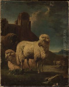 Rams with ruins in the background Rams with ruins in the background