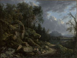 Mountain landscape with a shepherd and a shepherdess