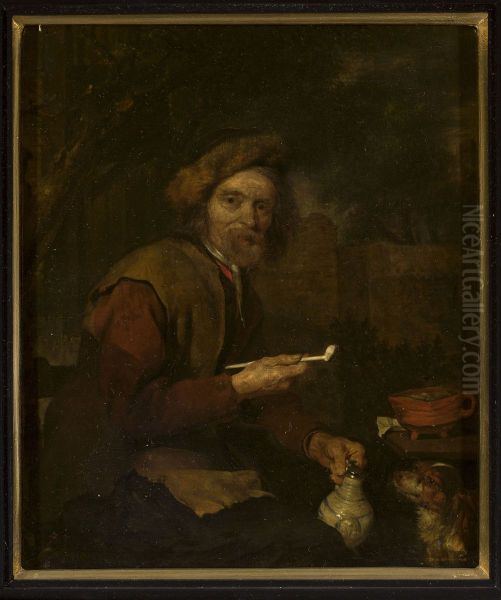 Smoker with a pipe and a pitcher in his hands - view 1