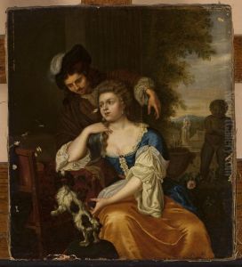 Young lady and a man at a table by Michiel van Musscher