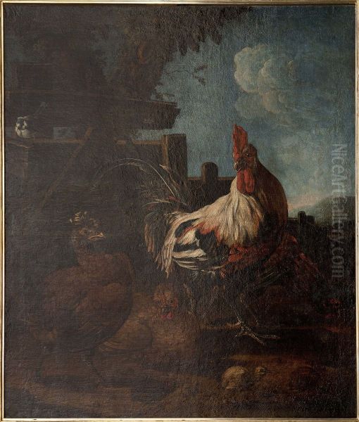 Rooster with hens and chickens - view 1