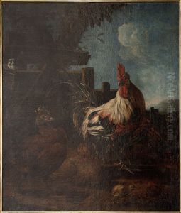 Rooster with hens and chickens by Melchior D'Hondecoeter