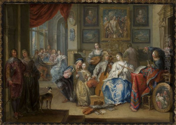 Interior with a concert and card players - view 1