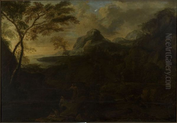 Landscape with figures at the lakeside - view 1