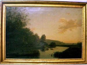 Paysage Avec Riviere Et Troupeau Au Soleil Couchant