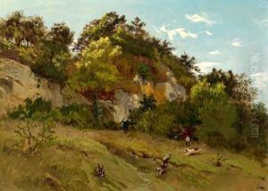 Landschaft Mit Felsen Und Hasenjagd