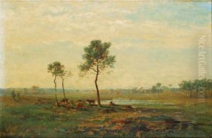Paysage A La Mare [ ; Landscape ; Oil On Panel ; Signed And Dedicated Lower Left ] by Charles Busson