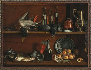 Trompe-l'oeil - cabinet in the pantry with wild fowls, fish and fruit