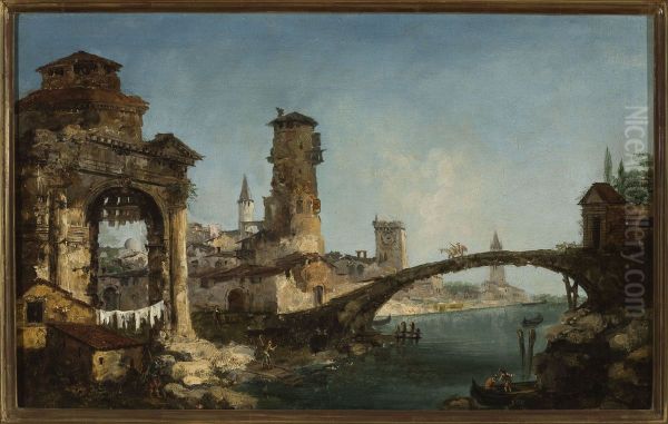 Landscape with ruins and a bridge - view 1