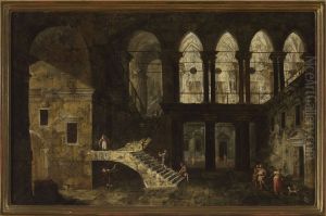 Architectural fantasy featuring a palace courtyard by Michele Marieschi