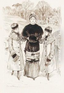 Punch Cartoon - Fashionable Lady And Twodaughters by George L. Du Maurier