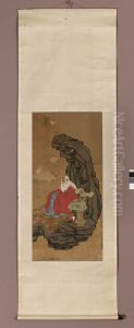 Arhat w czerwonej oponczy siedzacy pod skala by Chen Hongshou