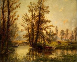Landschaft Mit Jungen Baumen An Einem Bachlauf