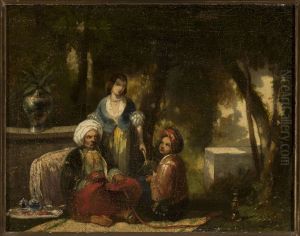 Man with a narghile against forest landscape Man with a narghile against forest landscape