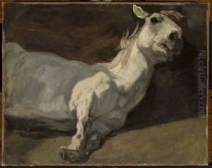 White horse stretched on the ground by Piotr Michalowski