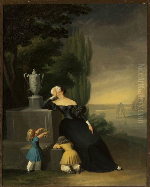 Widow with a child at her husband's grave - view 1