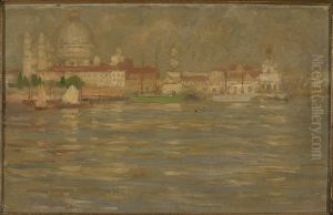 View of the city at waterside by Stanislaw Chlebowski