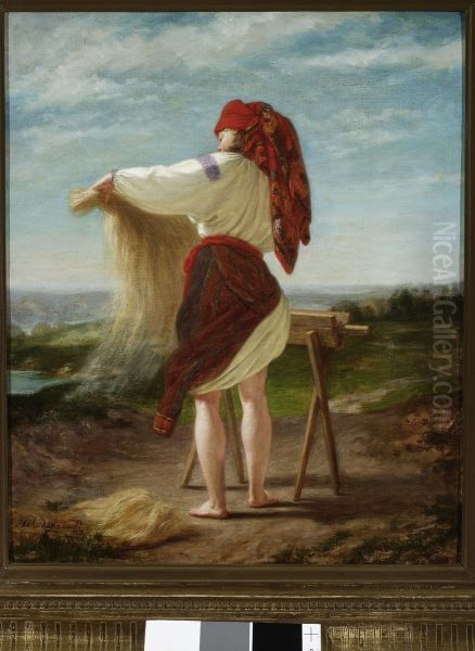 Peasant woman breaking flax - view 1
