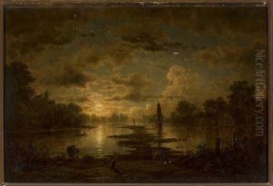 Moonlit night at the lake by Georg Saal