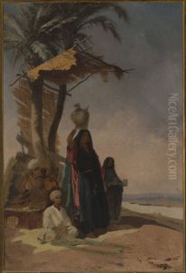Eastern genre scene under a palm tree by Stanislaw Chlebowski