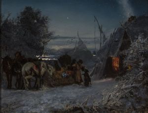 Sleigh in front of a hut at night