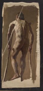 Nude of an old man leaning on crutches, back view by Kazimierz Alchimowicz