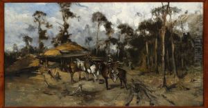 Horsemen in the woods, sketch by Jozef Brandt