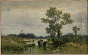 Cows crossing the river by Walery Brochocki