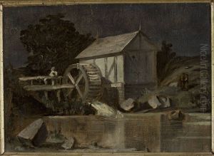 Mill at the river on a moonlit night by Jan Stanislawski