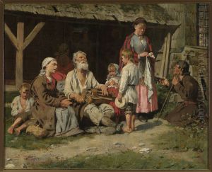 Genre scene - a hurdy-gurdy player in front of a cottage by Kazimierz Pochwalski