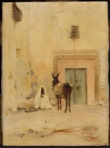 Arab and a donkey at the wall of a house