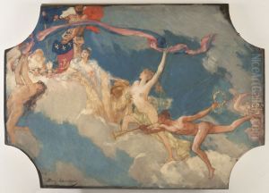 Esquisse pour la salle des fetes de l'Hotel de Ville de Paris : La Ville de Paris conviant le monde a ses fetes by Jean-Joseph Benjamin-Constant