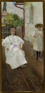 In front of the houe - artist's wife and daughter In front of the houe - artist's wife and daughter