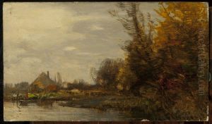 Autumn landscape with a cottage at waterside by Roman Kochanowski