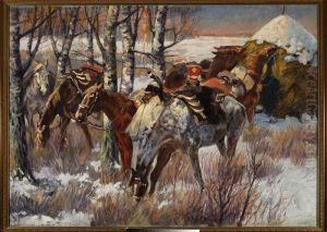 Uhlans' stopever in the snow by Wojciech Kossak