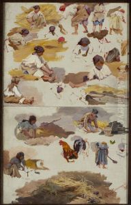 Studies of peasant women for the painting "Building a cottage"