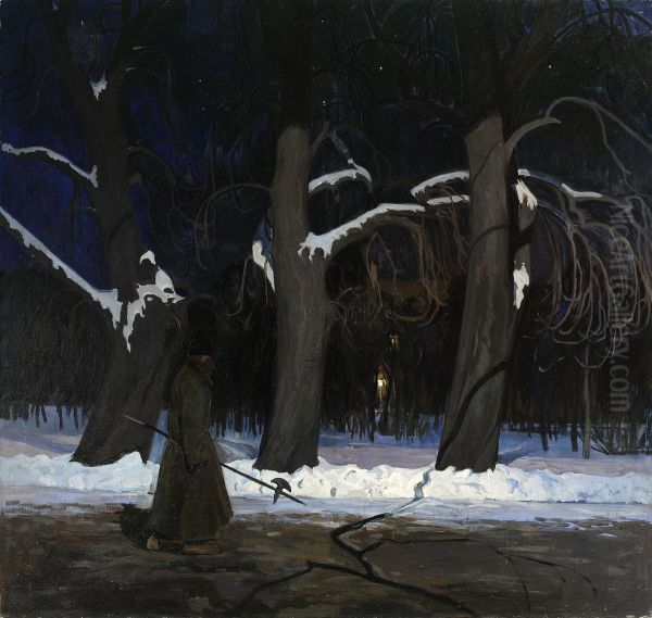 Winter landscape at night with a halberdier - view 1