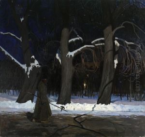 Winter landscape at night with a halberdier Winter landscape at night with a halberdier