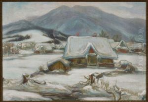 Cottages in the snow by Wladyslaw Slewinski