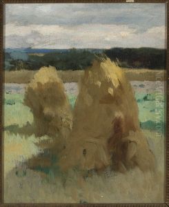 Rye sheaves in the field, study for the triptych "Bread" by Zdzislaw Jasinski
