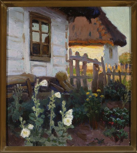 Landscape with a cottage and hollyhocks - view 1
